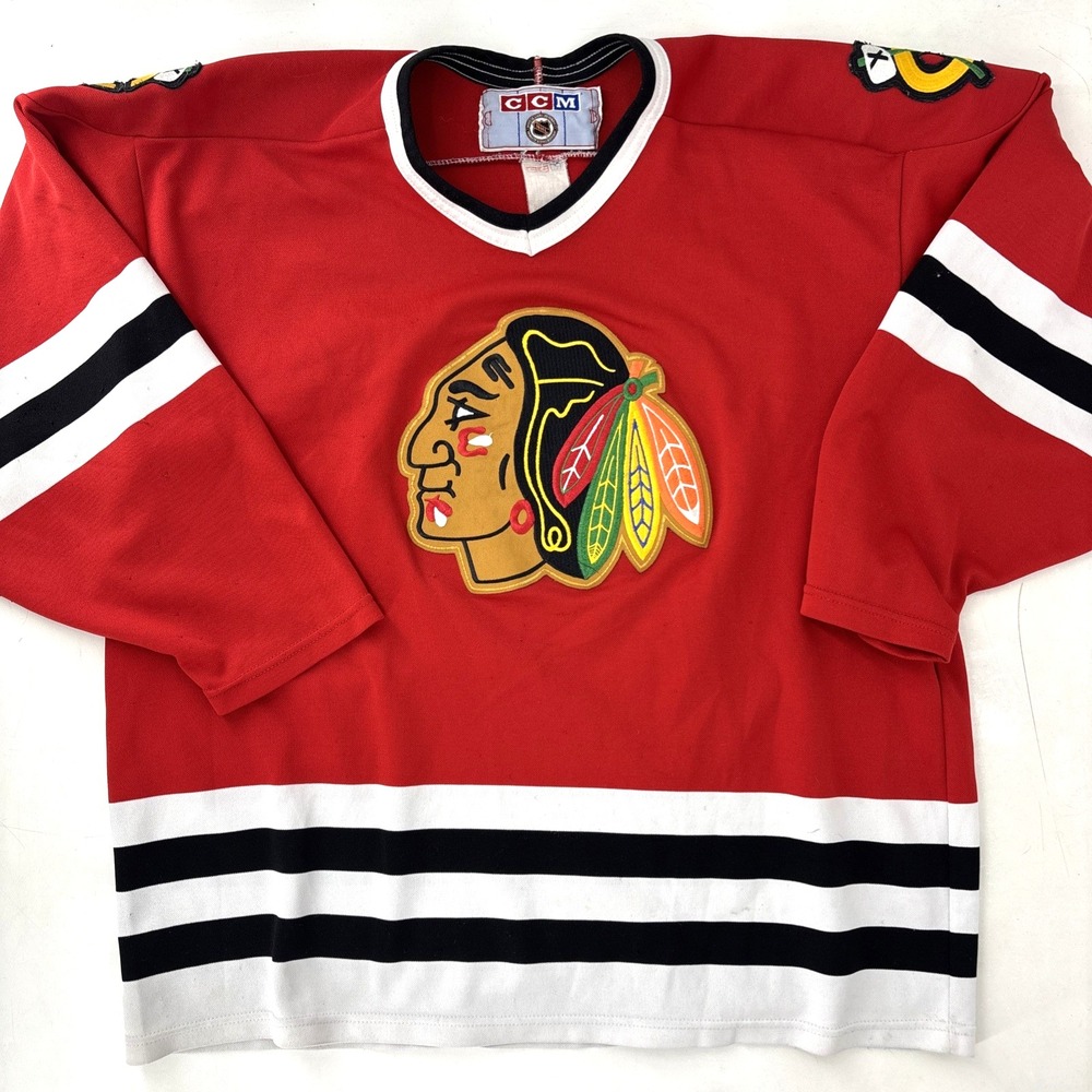VTG 90s Chicago Blackhawks CCM Maska Red PATCHED Hockey Jersey XL